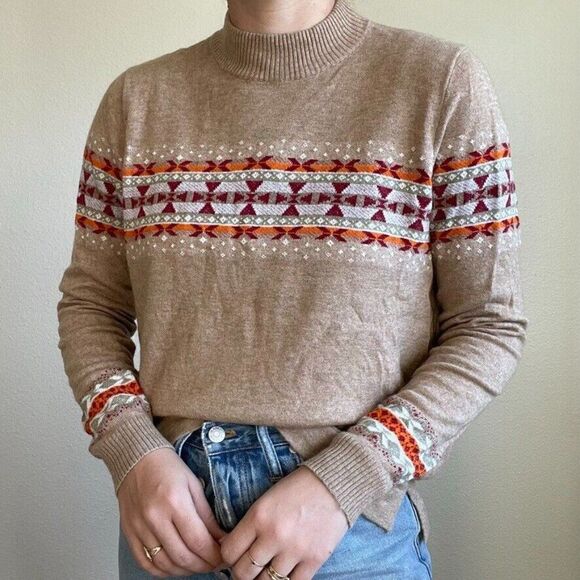 Woolrich Womens Wool Blend Fair Isle Brown Red Lightweight Sweater Sz XL - Picture 3 of 8